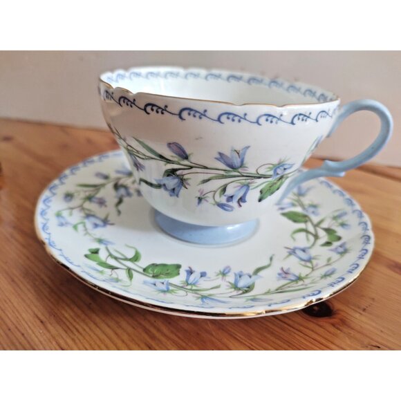 Shelley Harebell Pattern Oleander Blue & Green Henley Shaped Tea Cup and Saucer - Picture 1 of 12